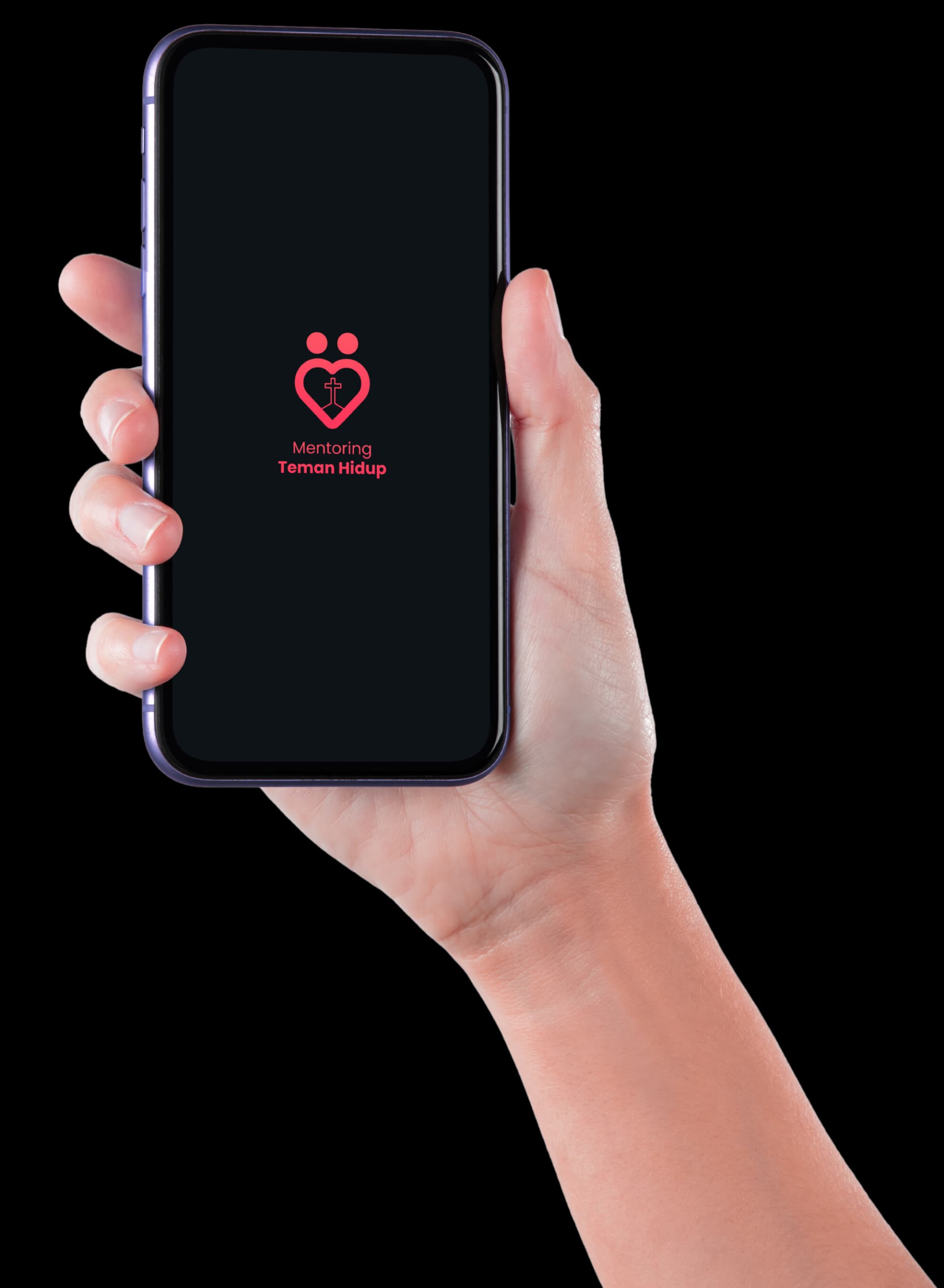 Mentoring Teman Hidup mobile application holds by a hand in a mobile phone